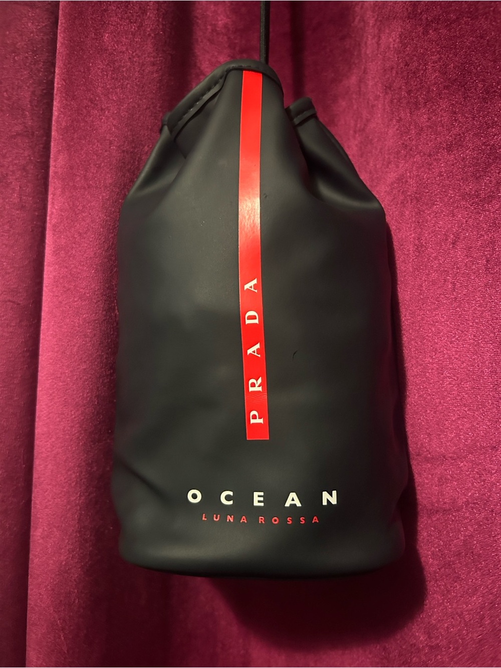 Prada Black Drawstring Toiletry Pouch with Red Stripe